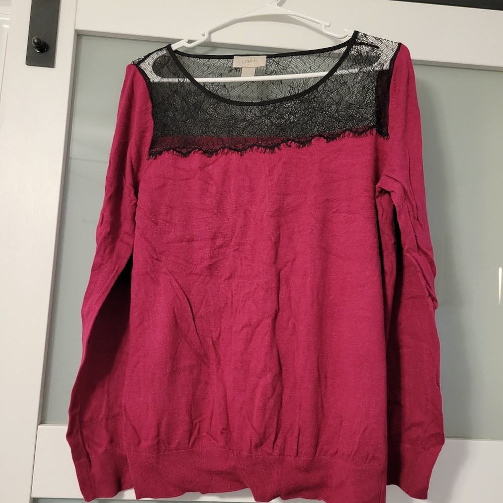 LOFT BRIGHT RED SWEATHER WITH BLACK LACE SHOULDER